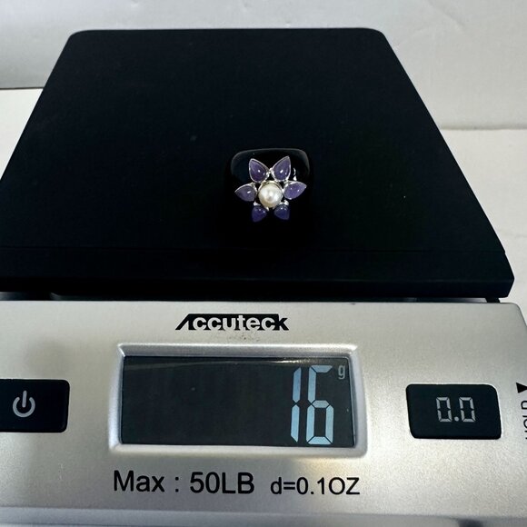 Sterling Silver 925 Onyx Statement Ring w/ Floral Pearl & Amethyst Cabochons  7 - Picture 13 of 13